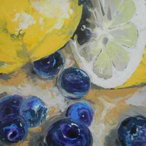 “Lemons & Blueberries” – Acrylic on Canvas Board 20cm x 25cm