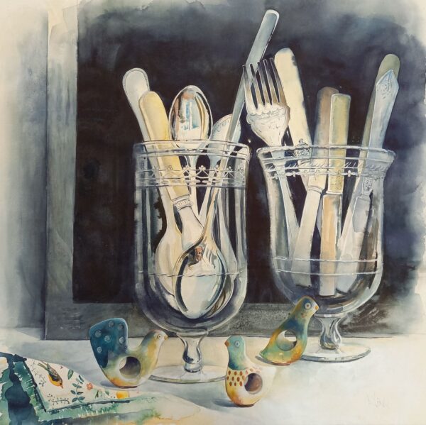 Watercolour painting Of Silverware & Glasses
