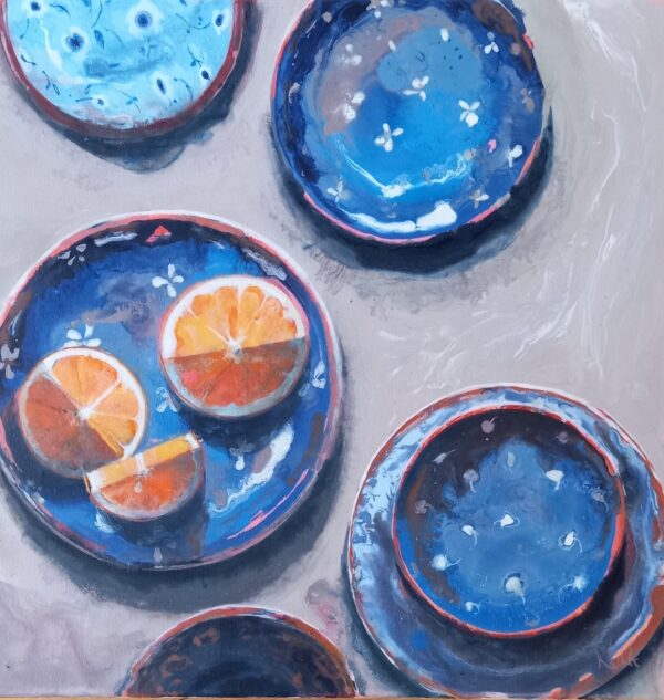 Orange With Blue Plates - Square Greeting Card - A4
