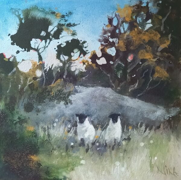 Double Mischief - Landscape Sheep Painting