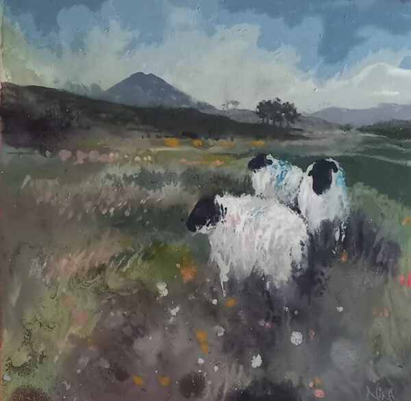Enjoying The Warm Heather Scented Air - Landscape Sheep Painting