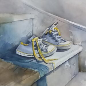 Little Shoes Left On The Stairs - Still Life Watercolour Painting
