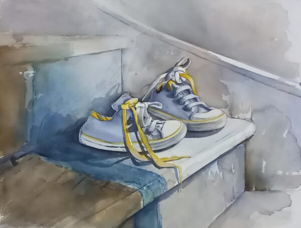 Little Shoes Left On The Stairs - Still Life Watercolour Painting